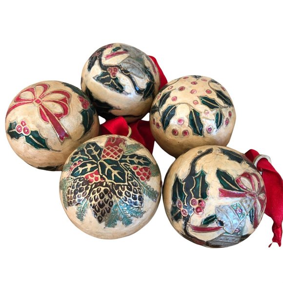 Other - Vintage Hand Painted Christmas Balls (5) Ornaments Holly Berries Candles HG628